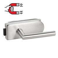 Glastürbeschlag-Set Studio mit Magnetfallentechnik "D3" UV (unverschließbar) Edelstahl matt inkl. Bänder Studiobandpaar (waagerechte Bänderbohrung)|Core|V2A Edelstahl matt gebürstet