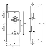 Einsteckschloss Klasse 1  für Zimmertüren BB (Buntbart) Dornmaß 55 mm Stulp 20 mm, silber, Flüsterfalle Links