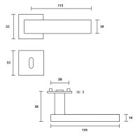Drückergarnitur Square Tall Q | 3 mm Magnet-Flachrosette | festdrehbare Lagerung | V2A Edelstahl matt BB (Buntbart)