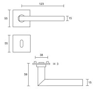 Drückergarnitur Square Min Q | 3 mm Magnet-Flachrosette | festdrehbare Lagerung | V2A Edelstahl matt WC / Bad